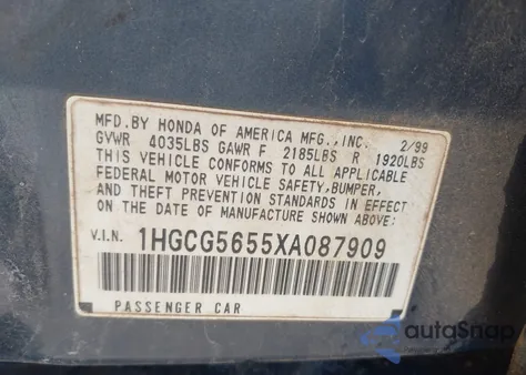 1999 Honda Accord Ex из США, поврежденный, VIN 1HGCG5655XA087909